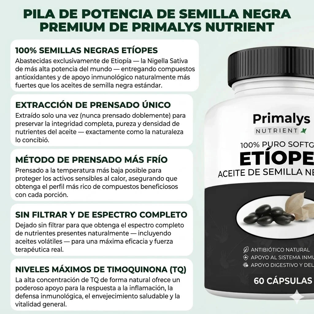 Aceite de Semilla Negra Etíope — La fórmula natural con 4,64% de timoquinona para tu equilibrio interno.